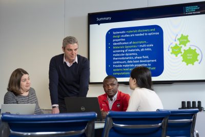 (left to right) Amy Thompson, George Bolla, David Tamim Manan and Chen Chen in a presentation room at the IPB (Innovation Partnership Building) on Feb. 5, 2019. (Al Ferreira/UConn Photo)
