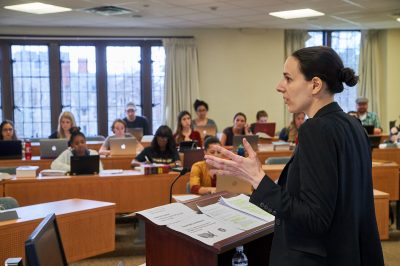 Mathilde Cohen, associate professor, leads a class at Knight Hall at the School of Law on April 12, 2017. (Peter Morenus/UConn Photo)